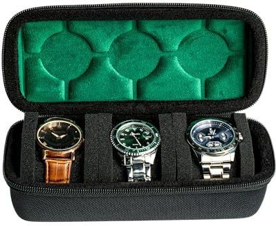 AUKURA Hard horloge reiskoffer, 3 sleuven Horloge Roll Case Opslag en Organizer voor Mannen en Vrouwen, met anti-move horloge kussen (zwart 3slot met groene voering)