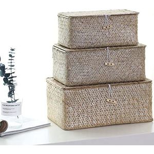 YSGLIFE Rechthoekige opbergmand met deksel, handgemaakte zeegras, rotan, geweven natuurlijke doos voor kleding, boeken en planken, multifunctionele make-up-organizer, set van 3 plankmanden (S/M/L)