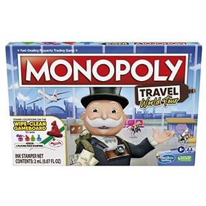 Hasbro Gaming Monopoly Travel World Tour gezelschapsspel voor gezinnen en kinderen vanaf 8 jaar, inclusief chips en een droog uitwisbaar speelbord, meerkleurig, L