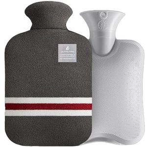 OliviaLiving Warmwaterkruik met klassieke gestreepte hoes, 2 liter warmwaterzak voor menstruatiekrampen, nek- en schouderpijnverlichting, warme en koude therapieën, handvoetwarmer