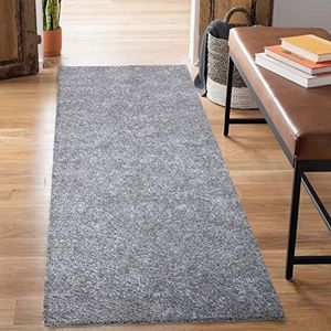 carpet city Shaggy hoogpolig tapijt - loper 80x300 cm - grijs - langpolig gangtapijt - effen modern - pluizig zachte tapijten slaapkamer decoratie