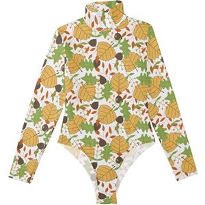 LI ZHI XIN Rompertje met lange mouwen voor dames, lange mouwen, eendelige jumpsuit met rolkraag, turnpakje, top voor meisjes, dans, workout, fitness, bodysuit met tropische boombladeren, Meerkleurig