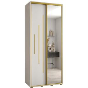 MEBLE KRYSPOL Davos 13 100 Kledingkast met twee schuifdeuren voor slaapkamer - Moderne Kledingkast met spiegel, kledingroede en planken - 235,2x100x45 cm - Wit Wit Goud