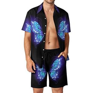 Paarse vlindervleugels op zwarte Hawaiiaanse sets voor heren, button-down trainingspak met korte mouwen, strandoutfits, XS