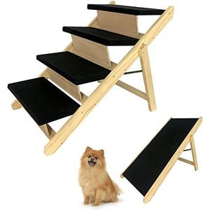 Aufun 2-in-1 hondenloopplank, huisdierentrap, hondentrap, opvouwbaar voor katten, grote en kleine honden, grenen houten dierentrap, landingsplatform sluit naadloos aan, antislip tot 80 kg