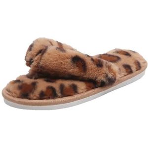 BOSREROY Zachte, harige slippers met open teen voor dames, warm, ademend en plat, met antislipzool, herbruikbaar, Luipaard, One Size