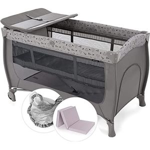 Hauck Campingbedje Set Sleep n Play Center - Reisbedje met Ingebouwde Verschoontafel en Bodemverhoging - Met Alvi Matras en Muggennet - Nordic Grey