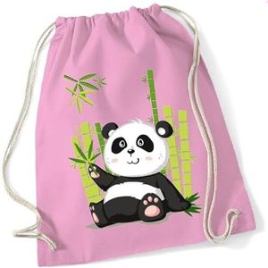 Gymtas voor kinderen, motief Panda Paul met bamboe, schoenenzak, sportrugzak, jute tas om aan te trekken, voor meisjes en jongens, stoffen tas met koord voor school, kleuterschool, vrije tijd (roze), roze