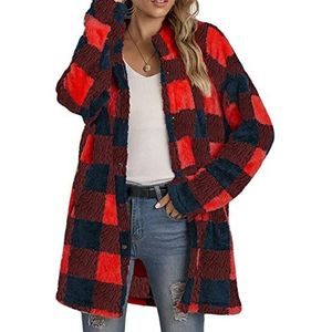 Sawmew Damespluche geruite hemdjas met zakken, Schotse ruiten casual jas, winter geruite warme jassen voor dames (Color : Red, Size : XXL)