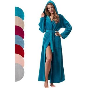 Morgenstern dames luxe badjas met capuchon extra lang velour bamboe katoen microfiber blauw turkoois S
