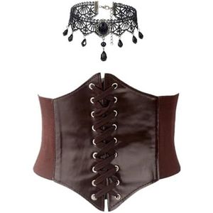 JOZMMZEOOA 2 Stuks Korset voor Dames met Zwart Gothic Sieraad, Middeleeuwse Piratenkostuum, Bruin, Kanten Choker - One Size