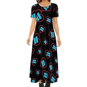 I Love Botswana rood hart dames zomer casual korte mouw maxi-jurk ronde hals bedrukte lange jurken L