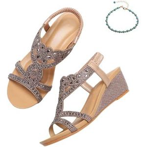 Xytraiihw Dames Strass Sandalen, Mode Wedge Heel Zomer Sandalen Retro Boho Elastische Band Strand Schoenen Slingback Peep Toe Romeinse Schoenen Flip Flops,Roze,36 EU