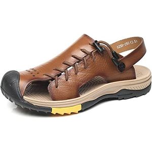 EKsma Leren sandalen voor heren, sport outdoor sandalen met gesloten teen, comfortabele zachte zomerstrandschoenen met verstelbare bandjes, brede pasvorm, wandelsandalen, Bruin, 40 EU