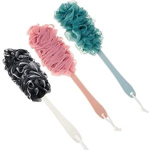 Arswin Loofah rugschrobber voor douche, lange handgreep bad body borstel zacht nylon mesh luffa spons op een stok voor mannen vrouwen, exfoliërende scrub reiniging luffa voor ouderen (3 stuks nieuwe drie kleuren)
