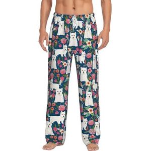 MBCbjg Witte honden- en bloemenprint heren broek pyjamabroek, zachte slaapbroek met zakken, lichtgewicht loungewear pyjama voor comfortabele slaap en lounge, Wit, S