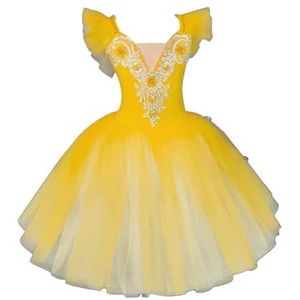 Omfpafeu Meisjes balletjurk met ruches lange pluizige tule rok TUTU-dansereskostuum podiumcollectief optredenkostuum,Geel,110