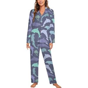 Paarse Dolfijnen Pyjama Sets Met Lange Mouwen Voor Vrouwen Klassieke Nachtkleding Nachtkleding Zachte Pjs Lounge Sets