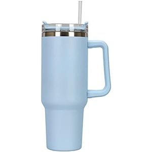 Liter reismok met handvat en rietje, roestvrijstalen koffiemok met deksel koffiemok lekvrije thermoskan voor warme en koude koffie, reismok met hoge capaciteit om te wandelen (blauw)