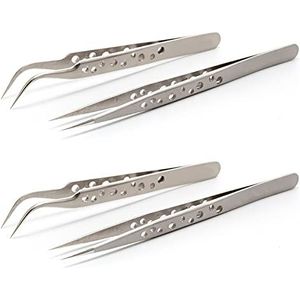 4 stuks pincetten punt, precisiepincet, gebogen pincet, antistatisch roestvrij staal, 2 rechte, 2 gebogen, set, modelbouw