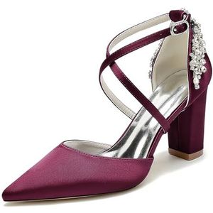 HFWXYSA Dames Hoge Blokhak Bruidsschoenen Satijnen Kruis Enkelbandje Strass Pompen Puntige Teen Parels Bruiloft Feest Hofschoenen,Burgundy,35 EU