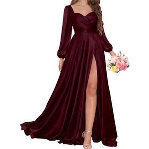 AHERKLL Bruidsmeisjesjurken met lange mouwen voor bruiloft, satijnen formele avondfeest, maxi-jurk met split HAH056, Bordeaux, 42
