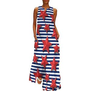 Rode sterren blauwe strepen dames enkellengte jurk slim fit mouwloze maxi-jurken casual zonnejurk 3XL