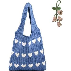 Gehaakte draagtassen for dames met gebreide hanger Leuke draagtassen Hartvormige strandhandtassen breitassen Liefde (Color : Blue, Size : Onesize)