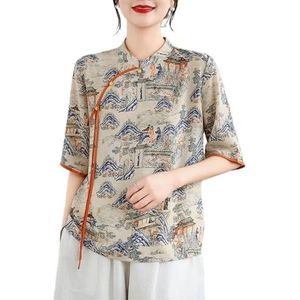 Dames Prachtige Bedrukte Chiffon Chinese Tops Retro Etnische Stijl Losse Shirts Met Halve Mouwen Traditionele Hanfu Blouse(Size:L)