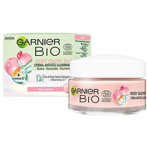 Garnier Bio Rosy Glow, 3-in-1 vochtinbrengende crème, verzorgend, verstevigend en oplichtend, verrijkt met rozenbottelolie bio en vitamine C, veganistische formule, 50 ml
