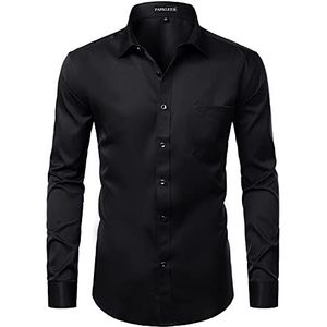 PARKLEES Heren Slim Fit Formele Lange Mouw Casual Business Party Jurk Shirts met Borstzak, Zwart, M