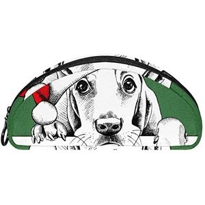 Etui Halve cirkel Briefpapier Pen Bag Pouch Holder Case Merry Christmas Hond met Rode Hoed Verf Groen Wit, Multi kleuren, 19.5x4x8.8cm/7.7x1.6x3.5in, Make-up zakje