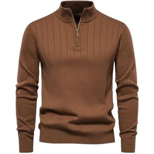 Herfst Rits Trui Truien Mannen Warm Winter Stand Kraag Katoen Gebreide Trui Mannen Jas, Bruin, M