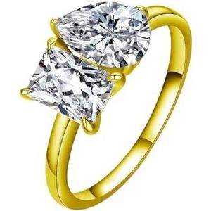 Moissan Diamond Double Stone Ring Dames 925 zilveren vierkante druppelvormige ring (Color : 18K gold, Size : 6)