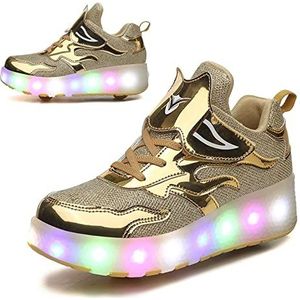 Rolschaatsschoenen met Dubbele Wielen Uniseks LED Lampje voor Kinderen USB Oplaadbaar Intrekbare Lichtgewicht Buitensporten Crosstrainers Sneakers,Yellow-30EU