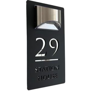 Huisnummer voor buiten, zonnehuispaneel, 29 cm, led-verlichting, lasergesneden, moderne eigentijdse deurnummerplaat, matzwart, wit, zilveren spiegel, nummerplaat M