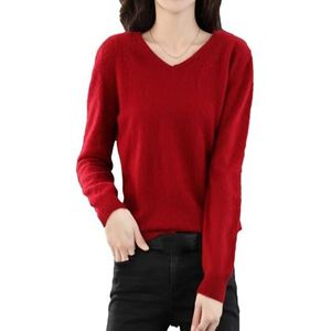 Dames kasjmier trui V-hals basic gebreide trui grote maat top, Roest Rood, M