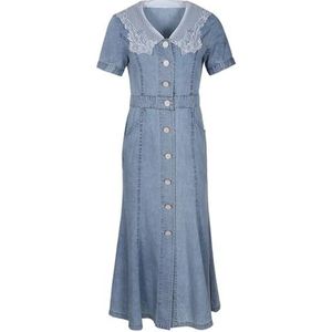 Pegsmio Vintage Vrouwen Lange Mid-Kalf Zomer Denim Korte Mouw Jurk Hoge Taille Turn Down Kraag Vis Staart, Blauw, M