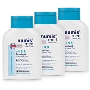 numis med douchegel ph 5.5 - kalmerende douchegel voor zeer gevoelige en gevoelige huid - veganistische verzorging zonder siliconen, parabenen en minerale olie - douchegel (3 x 200 ml)