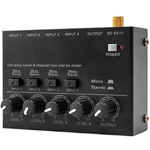 HUIOP Ultra Low Noise 4-kanaals Line Stereo Mixer 4 Input 1 Output DC 5V Draagbare Mini Audio Mixer Microfoon Gitaar Bas Toetsenbord Mixers voor Club Bar Stage Studio,Stereo mini-mixer