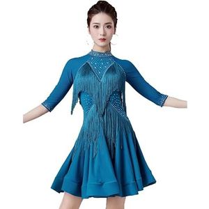 Blauw,L,Hynyjxjy Kwastjes Latijns Dans Voorstellings Kostuums Dames Salsa Dansoutfit Met Middellange Mouwen Mesh Splice Ballroom Dansjurken Tango Danskleding Met Strass