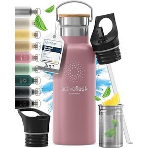 Drinkfles RVS Thermosfles ACTIVE FLASK + Strohalm (3 Drinkdoppen), BPA-Vrij + Lekvrij | 1 Liter/500 ml Isoleerfles, Vacuüm Waterfles Sport Fitness Fietsen Water Fles Kinderen Waterbidon Sportbidon