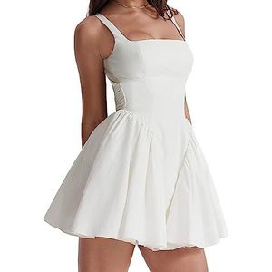 Mini-jurken for dames Spaghettibandjes Gelaagde korte jurk Backless Strappy A Line Flare Afstudeerjurk (Color : White, Size : S)