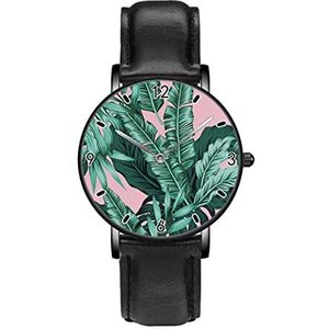 Tropische Groene Bladeren Roze Exotische Banaan Palm Bloemen Klassieke Patroon Horloges Persoonlijkheid Business Casual Horloges Mannen Vrouwen Quartz Analoge Horloges, Zwart