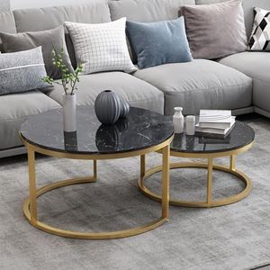 KV-OOGG Ronde salontafel, nesttafels, salontafel voor woonkamer, set van 2 moderne nesting gouden frame, cirkelvormig en marmeren patroon, houten accentsalontafels, metalen frame voor wonen (kleur: A,