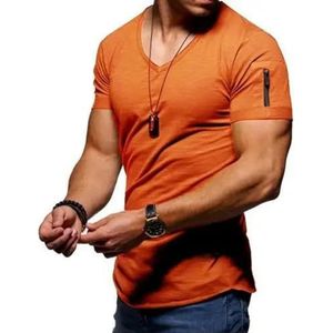 LQHYDMS T-shirts Mannen Mannen T-Shirt Effen Kleur Zip Pocket V-hals Korte Mouw T-Shirt Fit Plus Size Tee Stijlvolle Top Zomer, Oranje, 3XL