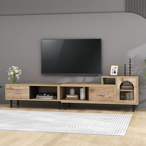 Aunvla Uitbreidbare tv-kast in houtlook - 4 vakken, 2 laden, glazen deur, variabele lengtebereik 200 cm-278 cm