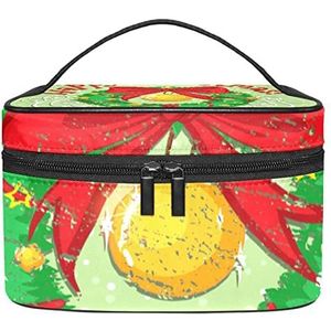 Kerst Bell Tree Ball Bow met groene achtergrond make-up organizer tas, reizen make-up tas organizer case draagbare cosmetische tas voor vrouwen en meisjes toiletartikelen, Meerkleurig, 22.5x15x13.8cm/8.9x5.9x5.4in
