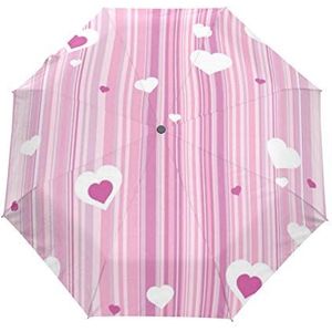 Jeansame Roze Harten Gestreepte Valentijnsdag Vouwen Compacte Paraplu Automatische Regen Paraplu's voor Vrouwen Mannen Kid Jongen Meisje