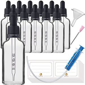 HandsUnity 50ml-12st Pipet Glazen Fles - Helder Glas Apotheek Pot set met Zwarte Pipet Dop bevat 29st Hulp Accessoires Transparante Glazen Flessen